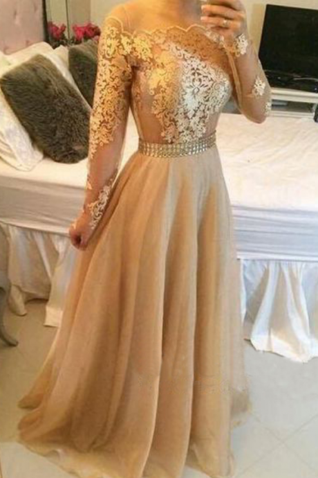 Long Sleeve Prom Dress, Gold Prom Dresses, Lace Prom Dresses, Prom Dresses, Sexy Prom Dress