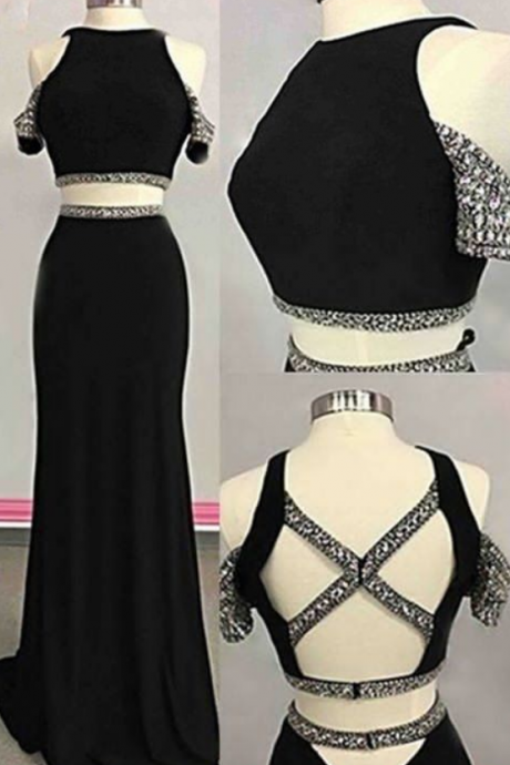 Black Chiffon Two Pieces Sequins Long Evening Dresses,unique Prom Dress,two Piece Black Off Shoulder Crystal Evening Gown,p2174