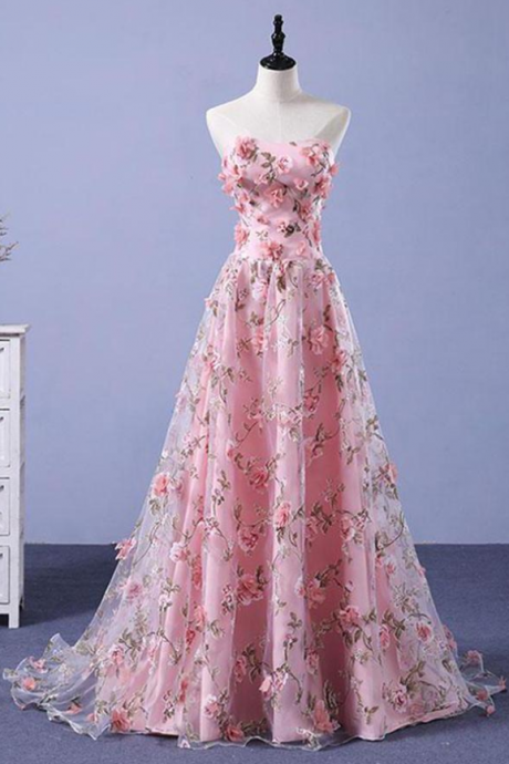 Pink A-line Sweetheart Strapless Sweep Train Floral Print Long Lace Prom Dresses With Flowers