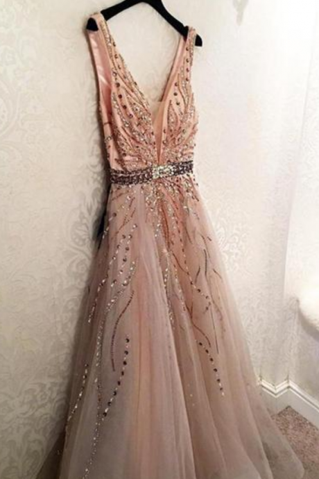 Elegant V Neck Open Back Long Prom Dress Tulle Party Dress With Beading,p2236