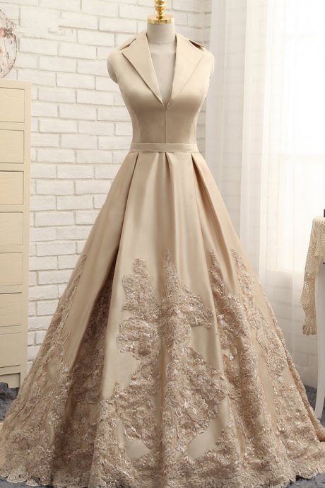 A-line V-neck Cap Sleeves Satin Appliques Lace Prom Gown Long Formal Evening Dresses,p2120
