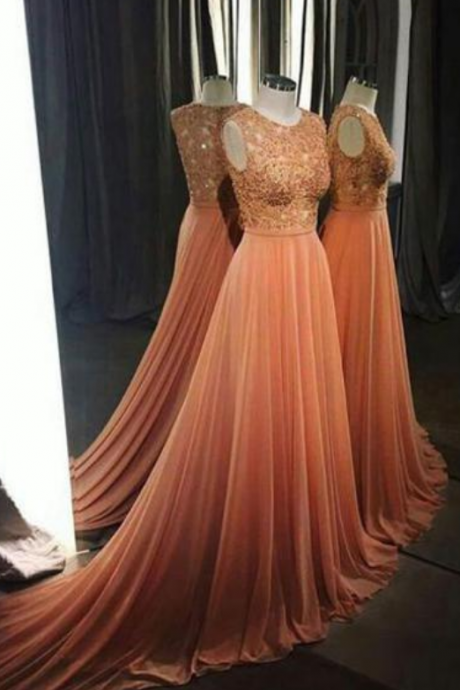 Champagne Prom Dress, Chiffon Evening Gown ,with Crystal Evening Gown, Evening Gown, Evening Gown