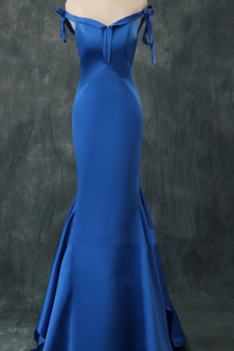Blue Satin Shoulder Prom Dress.neck Beyond Simple Fomal Party Dresses,mermaid Married Long Evening Dress