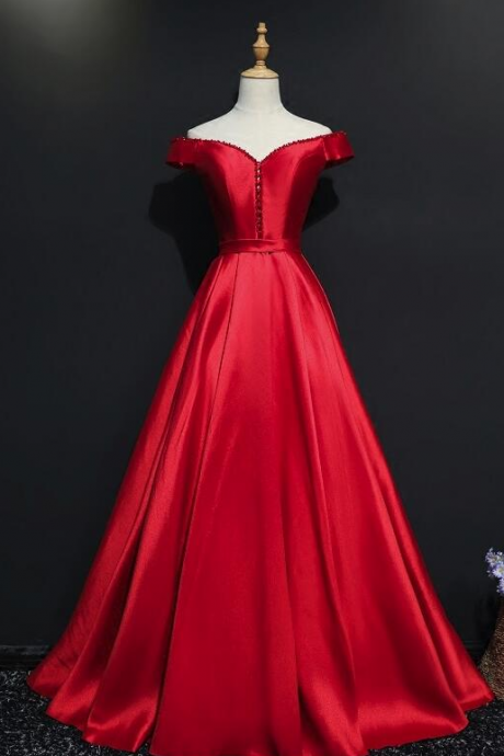 Red Satin Off Shoulder Beaded Long Formal Dress,prom Party Gowns,evening Dress