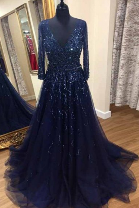 A-line Deep V-neck Sweep Train Prom Dresses,navy Blue Beaded Prom Dress, Modest Navy Blue Long Prom Dresses, Unique Evening Gowns With Sleeves