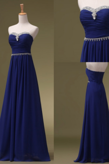 Royal Blue Beaded Embellished Ruched Sweetheart Chiffon Floor Length A-line Formal Dress, Prom Dress