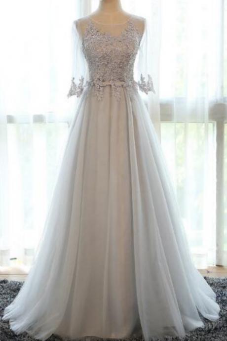 3/4 Long Sleeves Grey Blue Lace Ball Gown Prom Dresses,real Photos Tulle High Quality Long Prom Gowns Evening Dress,formal Women Dress
