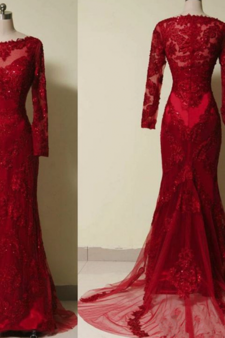  New Style Backless Lace Red Prom Dresses With Long Sleeves Beaded Bodice Pretty Mermaid Evening Prom Dress