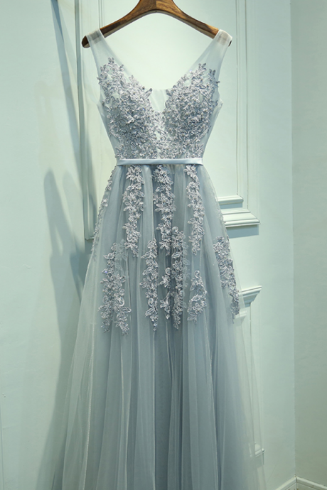 V Neckline Grey Lace Evening Prom Dresses, Tulle Long Party Prom Dresses, Custom Prom Dresses, Prom Dresses Shop, Online Prom Dresses, 17131