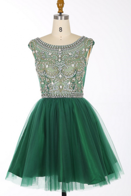  Green Beaded Embellished Round Neck Sleeveless Short Tulle Homecoming Dress Featuring Plunge V Back, Formal Dress 