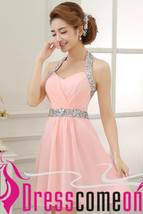  Blush Pink Homecoming Dresses Glittering Halter Beading Short Light Pink Party Dress For Teens