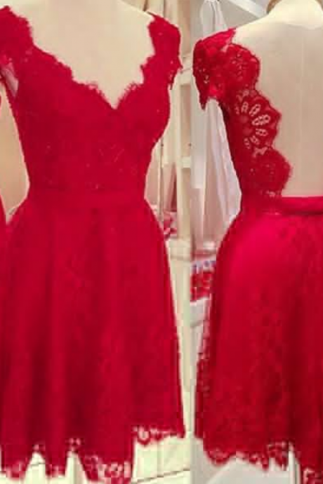  Short Red Homecoming Dress A Line V Neckline With Sleeves Lace Backless Prom Dresses For Junior Teens