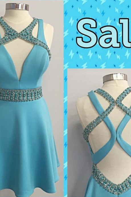  2017 Short Blue Prom Dress Homecoming Dress with Beads