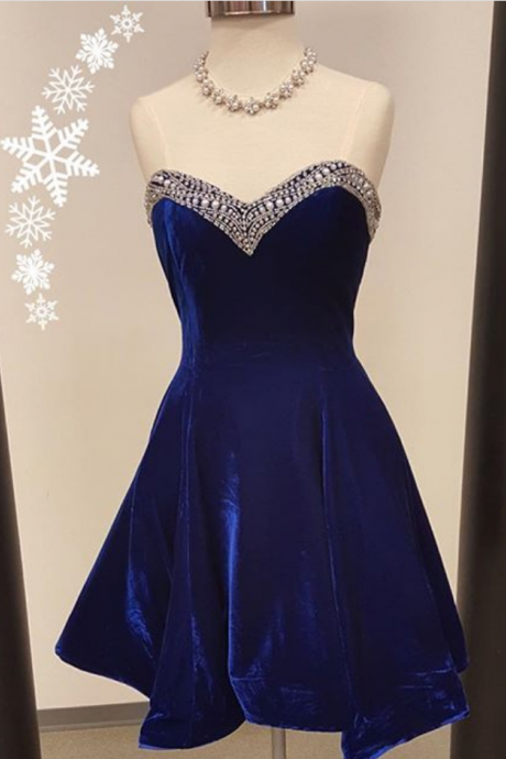  Simple A-line Short Royal Blue Velvet Prom Dress Homecoming Dress