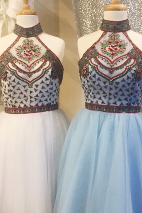  2017 Short Homecoming Dress, Short White Homecoming Dress, Light Sky Blue Short Embroidery Homecoming Dress
