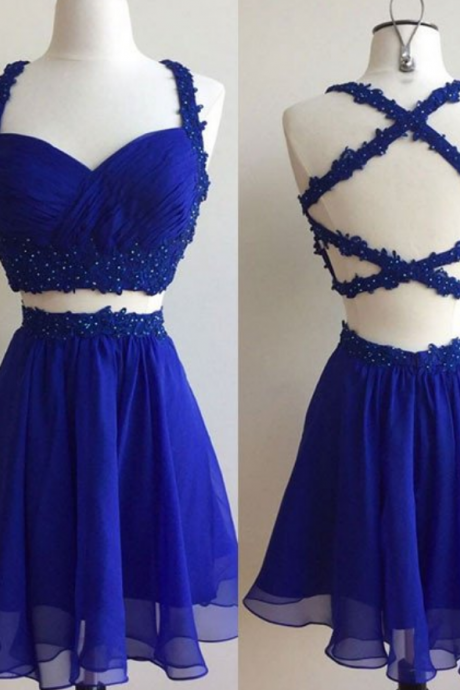  Simple A-line Two Piece Royal Blue Short Prom Dress Homecoming Dress