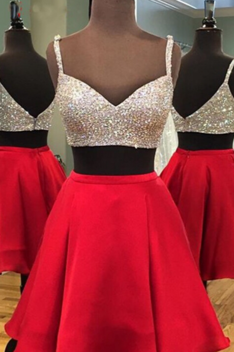 Two Piece Short Red Homecoming Dress with Sparkly Top