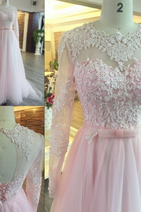 Charming Prom Dress,elegant Prom Dress,pink Appliques Long Sleeve Prom Dresses,long Evening Dress,formal Dress