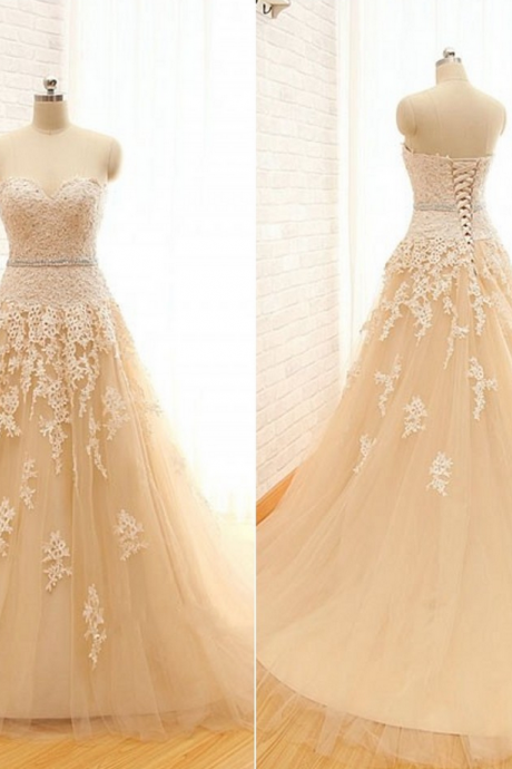 Champagne Floor Length Lace Tulle A-line Wedding Gown Featuring Sweetheart Bodice