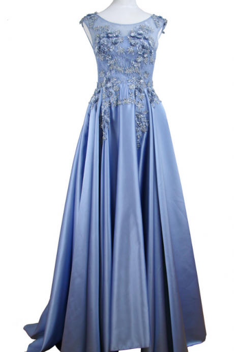 Appliques lace 3D flower blue! Sleeveless dress, formal evening gown ,floor length ,sweep train Prom Dresses