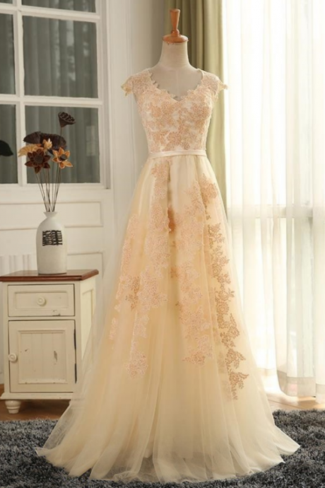 A-line V-neck Tulle Floor-length Prom Dress,appliques Lace Cap Straps Original Prom Dresses