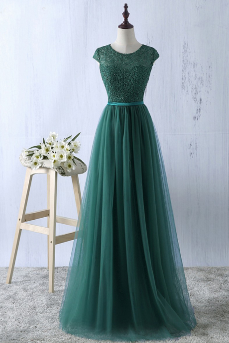 A-line Round Neck Cap Sleeves Long Prom Dress,party Gowns , Long Prom Dresses