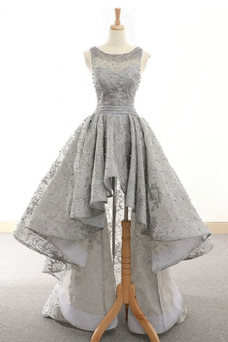 Gray Lace Prom Dress,scoop Neck, High Low Homecoming Dress, Gray Beaded Party Dress,o Neck Prom Dress ,prom Gowns,a-line Evening Dress