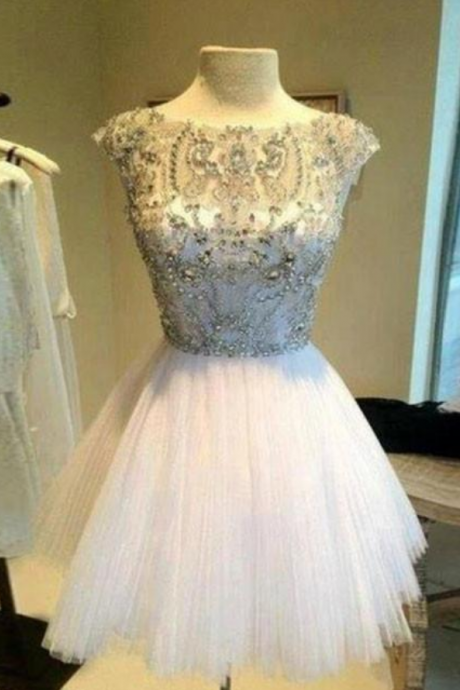 White Sequin Rhinestone Short Prom Dresses, Cute Homecoming Dress