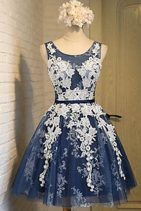  Cute round neck lace tulle dark blue short prom dress, bridesmaid dress