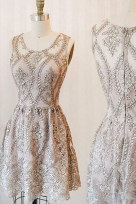  Cute round neck lace short prom dress, homecoming dress, bridesmaid dress
