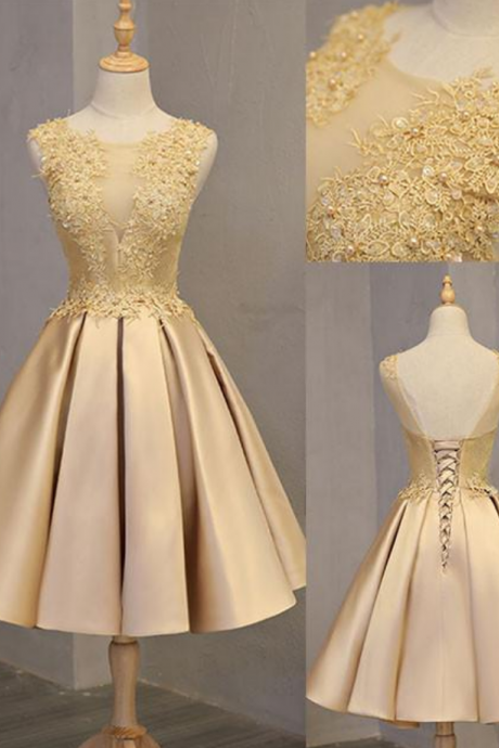 Cute Gold Lace Short Prom Dress, Cute Gold Homecoming Dress