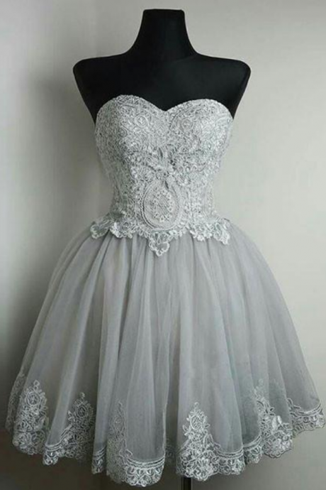 Cute Gray Tulle Lace Short Prom Dress, Gray Homecoming Dress