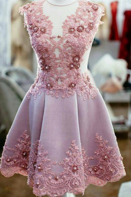 Cute Pink Lace Short Prom Dress, Homecoming Dress