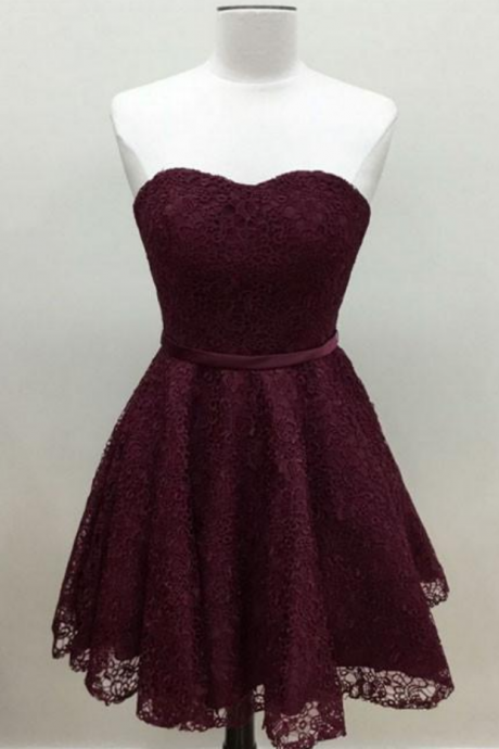 Cute Burgundy Lace Short Prom Dress, Burgundy Short Homecoming Dress