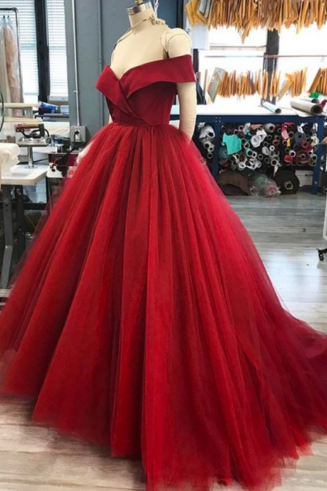 Off The Shoulder V-neck Tulle Ball Gown Prom Dresses Long 2018