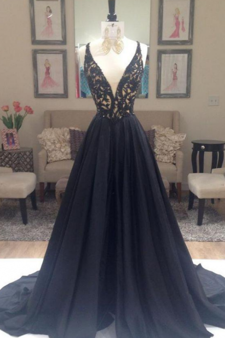 Black Prom Dress Deep V Neckline, Prom Dresses, Graduation Party Dresses, Formal Dress