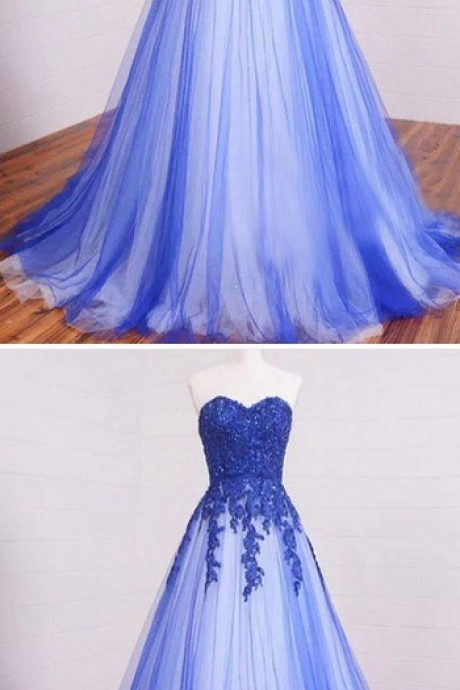 Blue A-line Sweetheart Sleeveless Floor Length Applique Tulle Evening Dress Prom Dresses