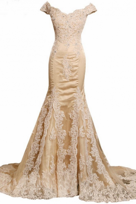 Elegant Champagne Mermaid V-neck Prom Dresses Appliques Beading Tulle Lace Evening Dresses