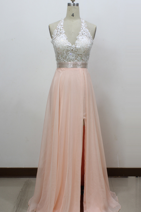 A-line V-neck Chiffon Long Prom Dress With Side Slit And Halter Lace Bodice