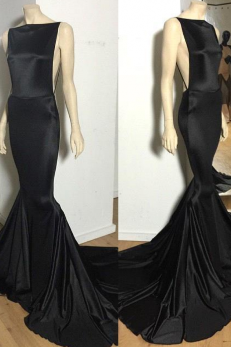 Prom Dresses,sexy Long Open-back Black Mermaid Court-train Sexy Evening Dress