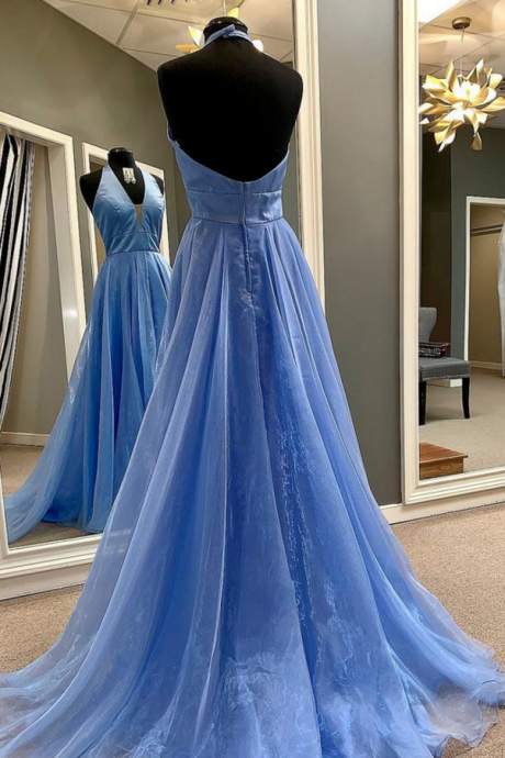 Charming Blue A Line Backless Halter Prom Dress, Long Evening Party Dress
