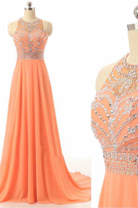 Sexy Prom Dresses, Rhinestones Prom Dress, Crystals Prom Dress, A Line Prom Dress, Backless Prom Dress, Orange Prom Dress,