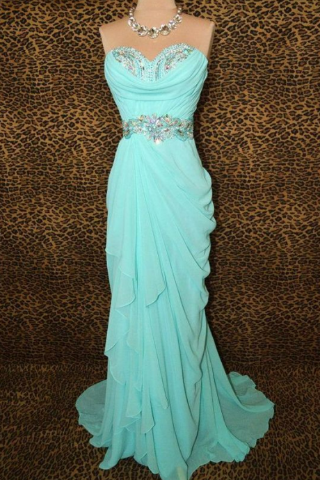 Elegant Blue Long Chiffon Sweetheart Prom Dresses 2015, Prom Dresses 2015, Prom Gown, Custom-Made Prom Dress, Evening Gown