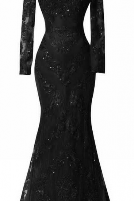 Sexy Black Prom Dresses,2016 Custom Long Sleeves Prom Dress,charming Beading Evening Dress,lace Mermaid Prom Dress