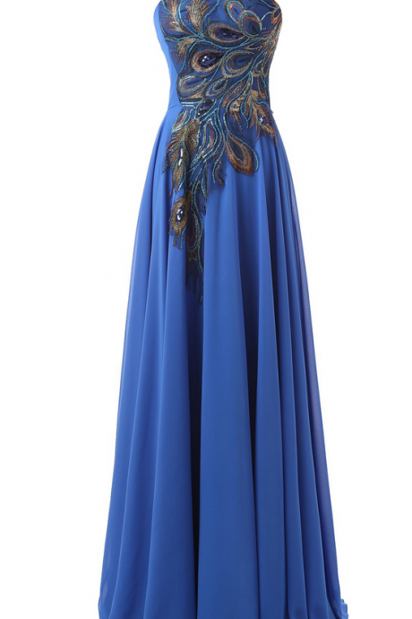 Peacock Embroidery, Sweetheart Prom Dresses, Long Prom Dress, Chiffon Prom Dresses