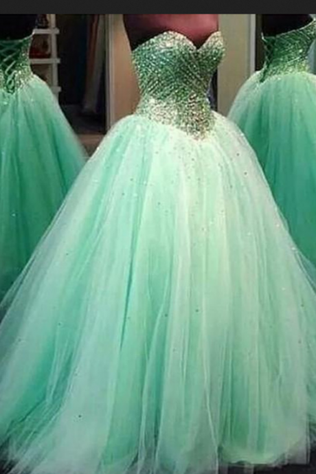  2016 Real Image Prom Dresses Luxury Sparkle Bling Ball Gown Mint Sage Sweetheart Crystals Beads Lace Up Tulle Long Formal Evening Party Gowns Vestidos