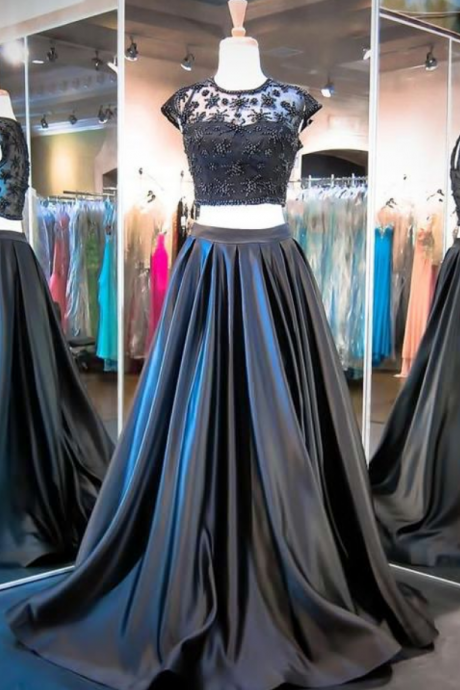  2015 Real Iamge Picture Prom Dresses A-line Two 2 Pieces Sheer Bodice Lace Hollow Back Long Formal Prom Party Gowns