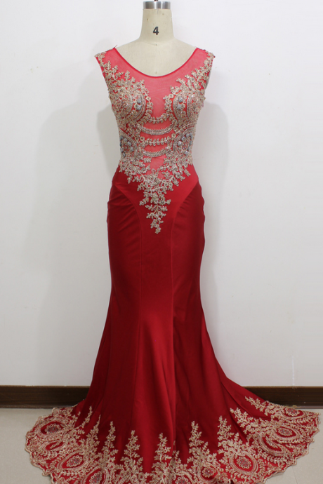  2016 Real Image/Picture Mermaid Prom Dresses Red Sheer Neck Appliques Hollow Back Long Formal Evening Party Gowns