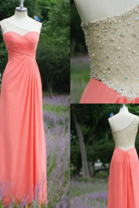  Real Image 2016 Sexy A-line Prom Dresses A-line Watermelon One Shoulder Chiffon Rhinestones Backless Formal Evening Party Gowns