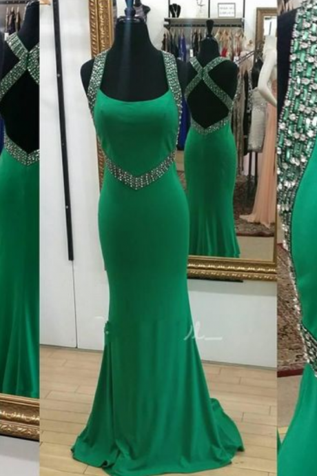 2016 Real Iamge Prom Dresses Sexy Mermaid Halter Green Halter Backless Beads Chiffon Formal Party Gowns Robes De Bal